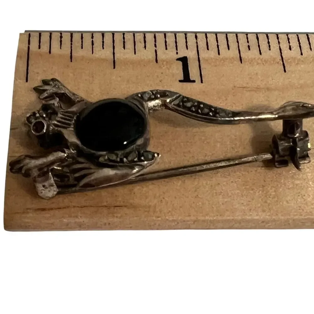 Vintage Sterling Silver .925 Frog Brooch Black Onyx Marcasite Eyes Animal Pin
